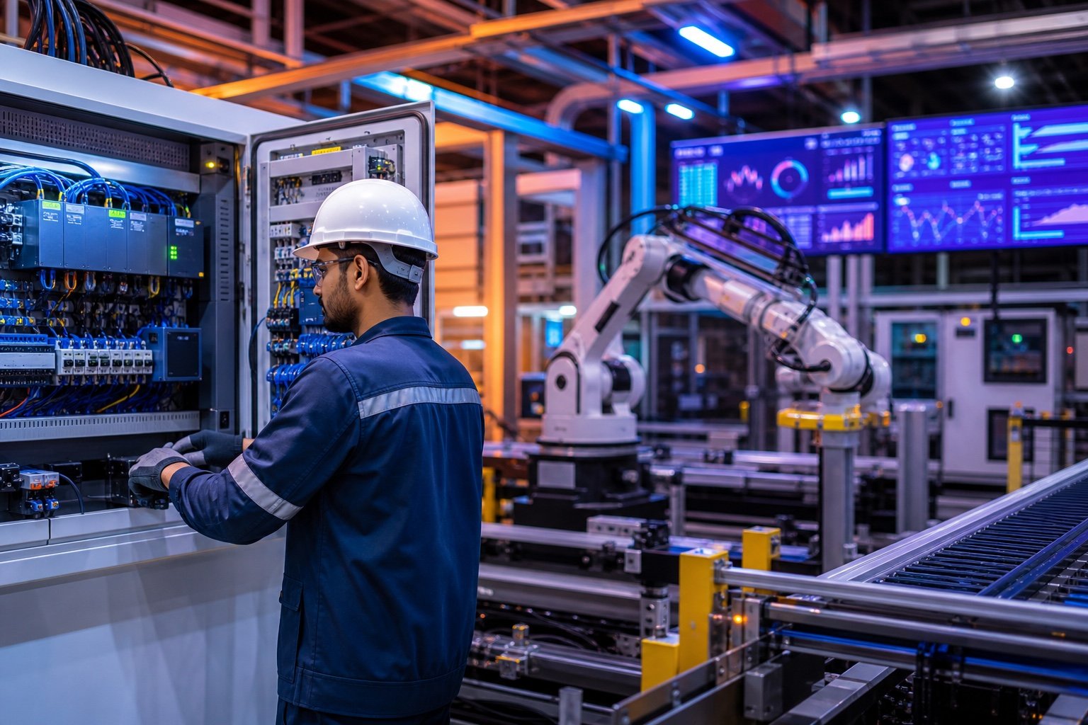 Indian automation engineer commissioning a smart manufacturing system